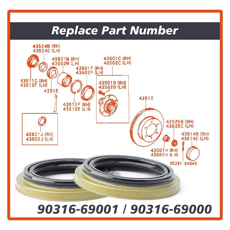 Mhrxusd 2Pcs 90316-69001 Front Wheel Hub Oil Seal Replacement for Toyota for 4Runner 96-02 for Tundra 00-06 for Tacoma 95-04 for Sequoia 01-07, Front Right Bearing Replace 90316-69000 - Image 4